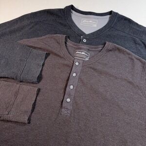 Lot of 2 Eddie Bauer Thermal Henley Shirt Men's 3XL Gray/Light Brown Waffle Knit